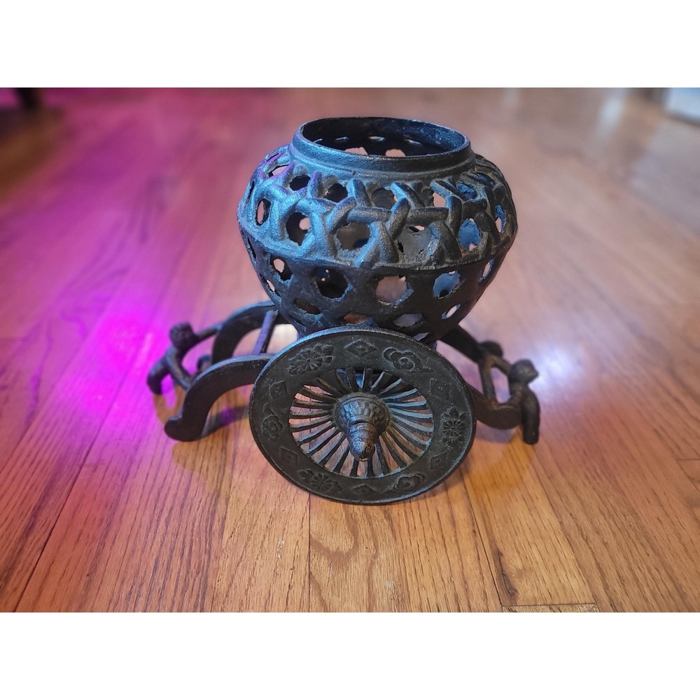 Vintage Cast Iron Stamped JAPAN Japanese Cart Figures Orchid Planter Ikebana - Picture 12 of 12